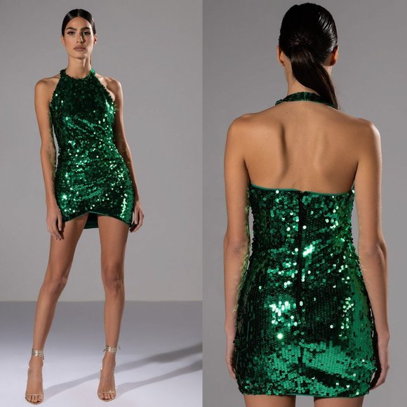 AKIRA Green Paillette Sequin Ruched Side Halter Open Back Mini Dress NWT Size XS - Picture 1 of 5